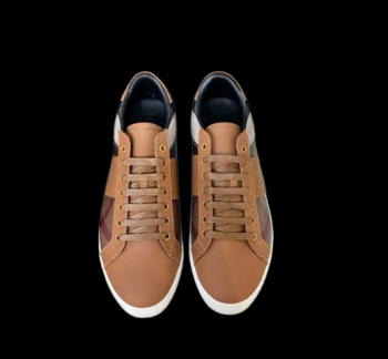 Leather and Cotton Check Sneaker Brown